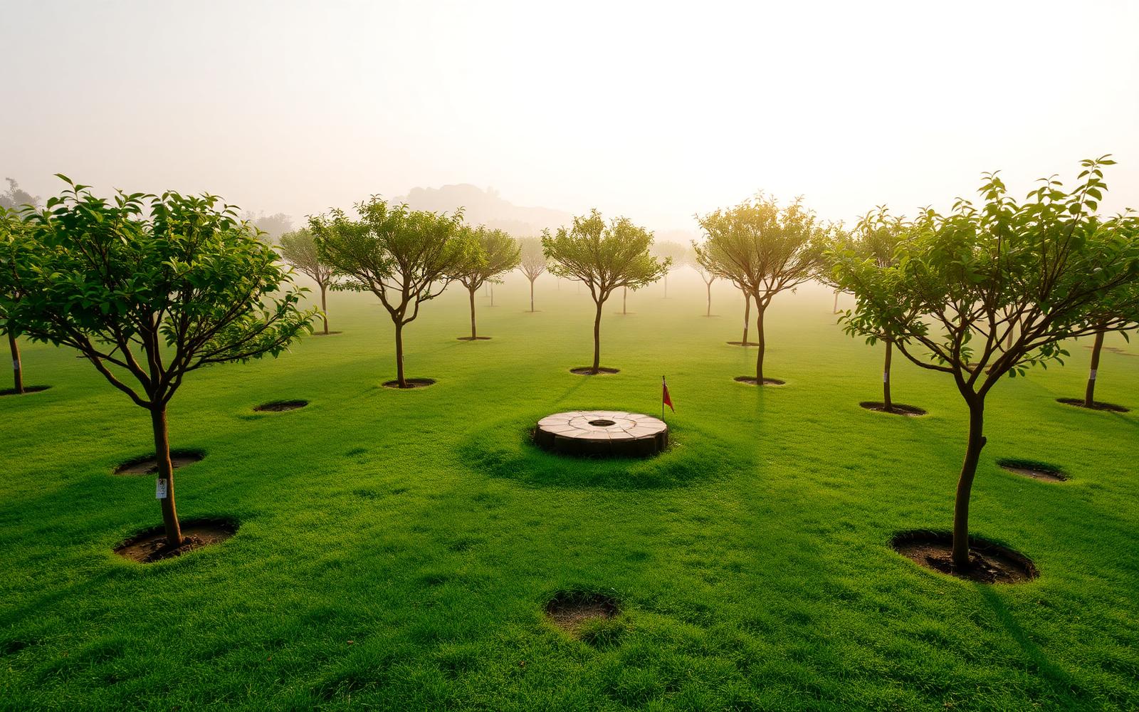 Young sacred trees planted in a circle around a stone platform in morning mist