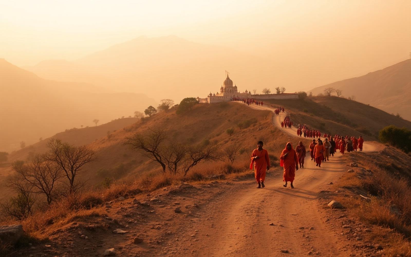 Pilgrims walking a hill path toward a temple at golden hour